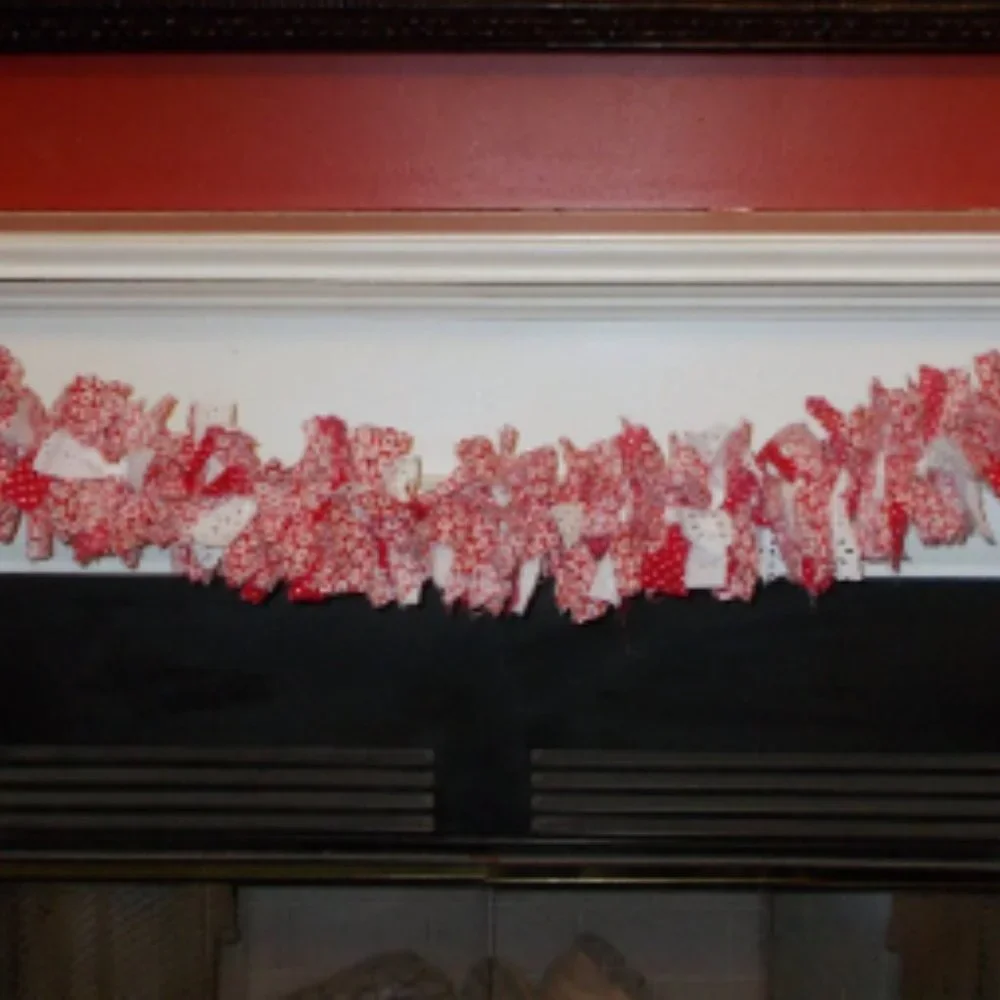 Valentine's Day Garland Rag Cloth Red and White Hearts and Lace Country Decor 5'